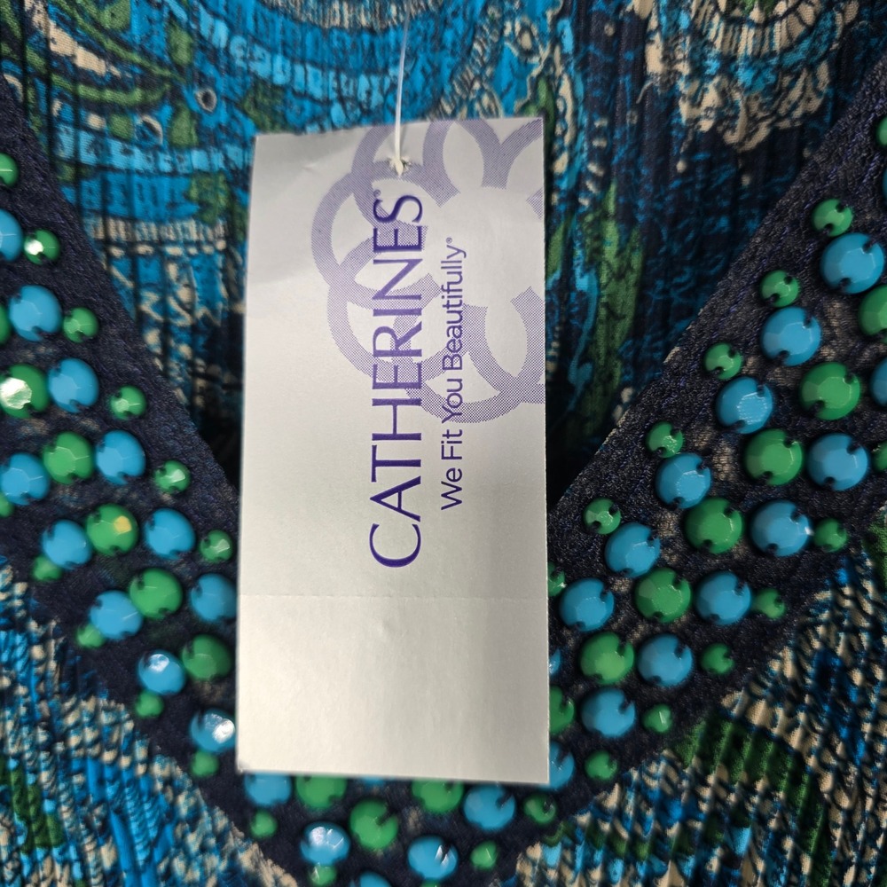 Catherines Womens 0X 14/16W Paisley Plisse Beaded V-Neck Bell Sleeve Tunic Top - Picture 3 of 11